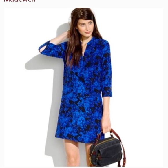Madewell Blue Floral Silk Director Mini Shift Dress Size M - Picture 1 of 13